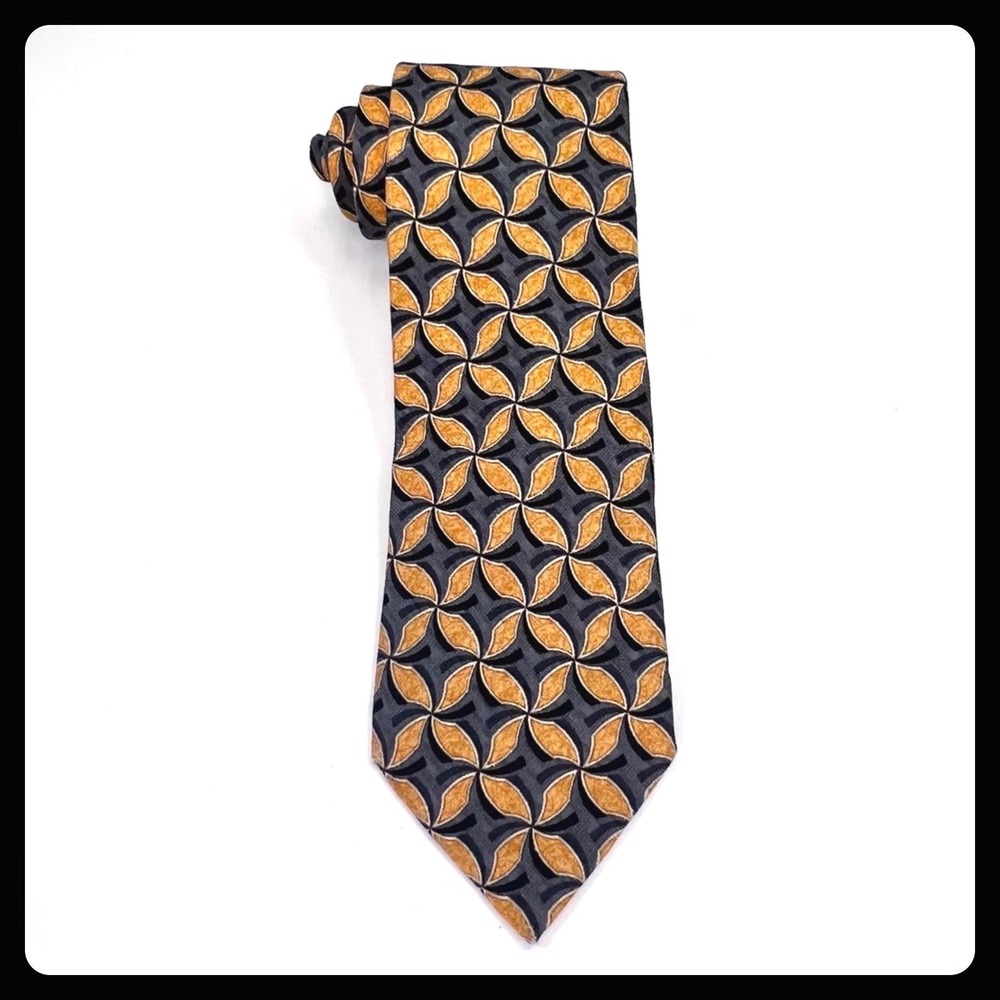 Ermenegildo Zegna Silk Necktie Men Black Gold Pinwheel Geometric Made in Italy